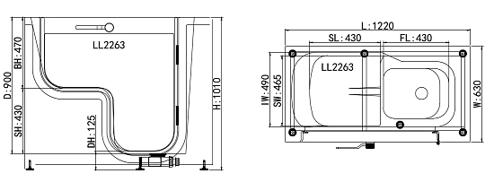 Ванна акриловая с дверью сидячая Ultra Z3622L для инвалидов, петли слева